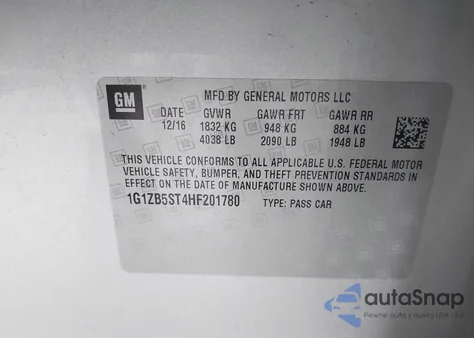 2017 Chevrolet Malibu Ls z USA, uszkodzony, nr VIN 1G1ZB5ST4HF201780